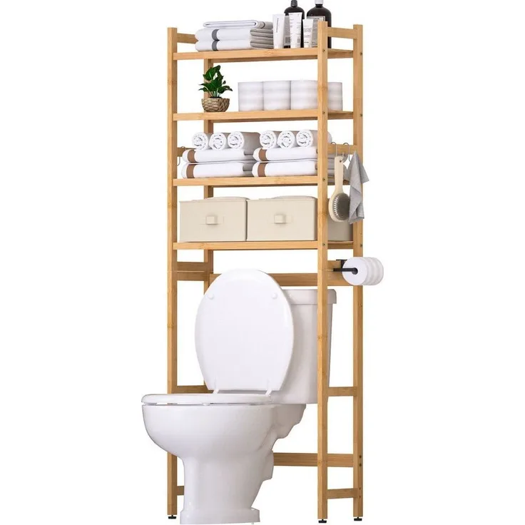 Yorbay Badregal Toilettenregal mit 2 Körben, Bambus WC Regal,59*23.3*166CM, Multifunktional Badezimmerregal,Platzsparend,Einfache Montage