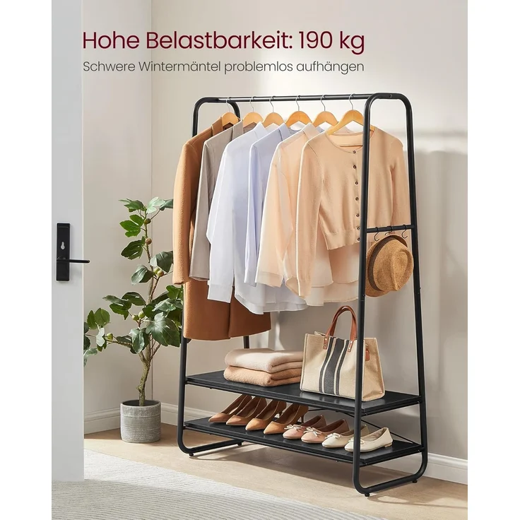 VASAGLE Kleiderständer, Garderobenständer, Garderobe, 2 Ablagen, 6 Haken in S-Form, Stahlgestell, für Schlafzimmer, Flur, Eingangsbereich, ebenholzschwarz-mattschwarz RGR112B03 – Bild 3