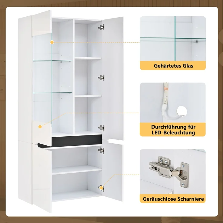 Vitrine mit LED, 4 Flügeltüren mit Trennwand aus Sicherheitsglas, Wohnzimmer Glasvitrine Hochglanzfront, Sammlervitrine für Wohnzimmer, Esszimmer, Schlafzimmer,Weiß,80×35×180cm--Weiß--80x35x180cm--YOUDENOVA – Bild 8