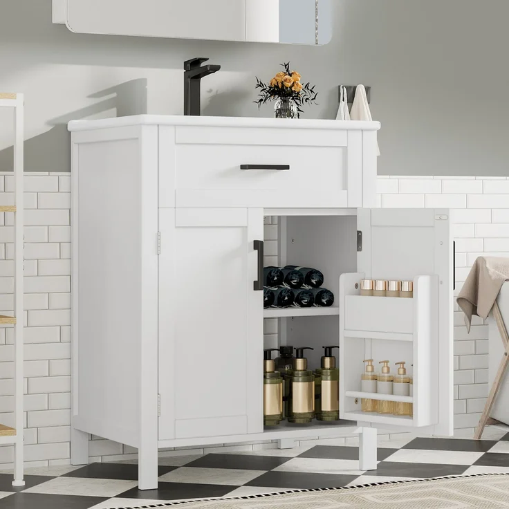 60 x 46 x 84,8 cm Bodenstehender Badezimmerschrank mit Waschbecken,Waschtisch,Volllackierung, Doppeltürregale, praktische Schubladen, verstellbare Regale, integriertes Keramikwaschbecken,weiß – Bild 2