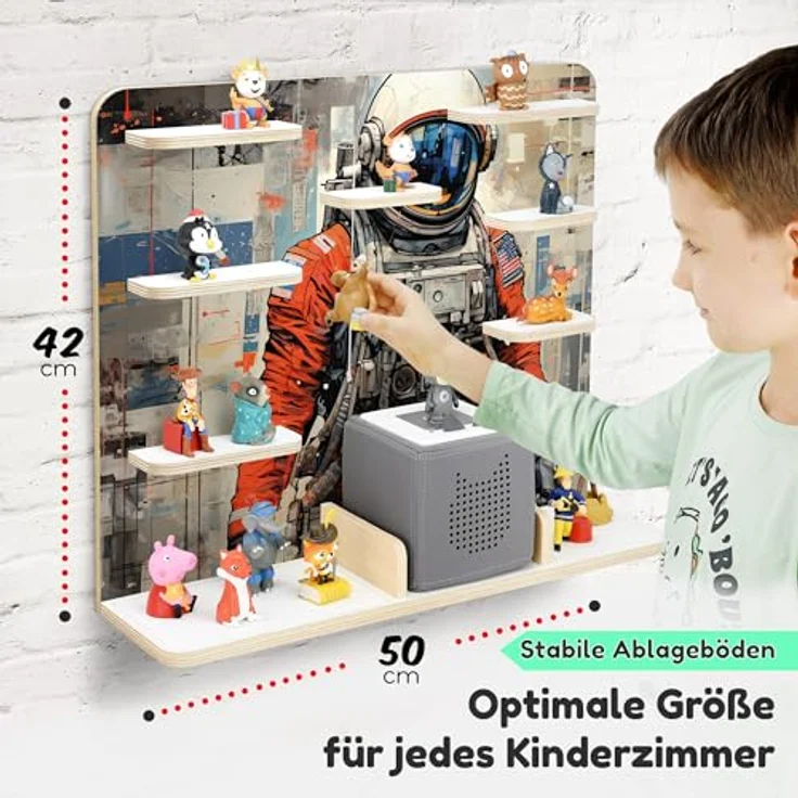 stadtecken Holzregal für Musikbox I Geeignet für die Toniebox und ca. 50 Tonies I Perfekte Tonie Aufbewahrung im Kinderzimmer I Zum Aufstellen oder Aufhängen I Astronaut, groß – Bild 3
