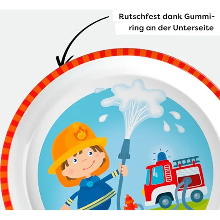 HABA Kinderteller Feuerwehr – Praktischer Melamin-Teller mit Bär-Motiv – Rutschfest – Spülmaschinengeeignet – Ab 12 Monaten – 1303692001 – Bild 3