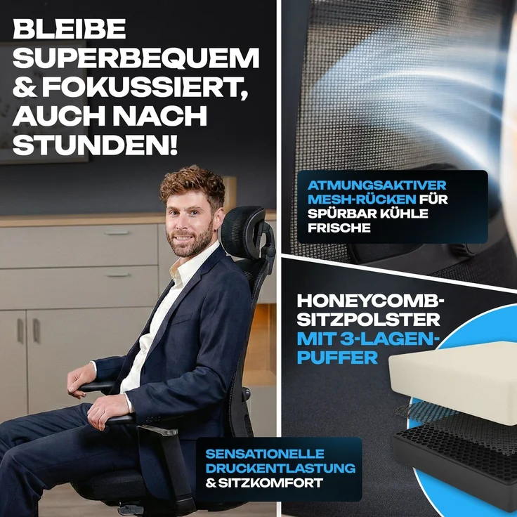 VALKENSTOL M4 Bürostuhl Ergonomisch Testsieger mit 5D Armlehnen und Kopfstütze für maximale Bewegungsfreiheit, Bequeme und Rückenfreundliche Bürostühle, Schreibtischstuhl, Home Office Chair – Bild 3