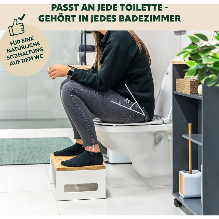 eluno Toilettenhocker, Fußbank aus Bambus, platzsparend zusammenklappbar, weiß – Bild 2