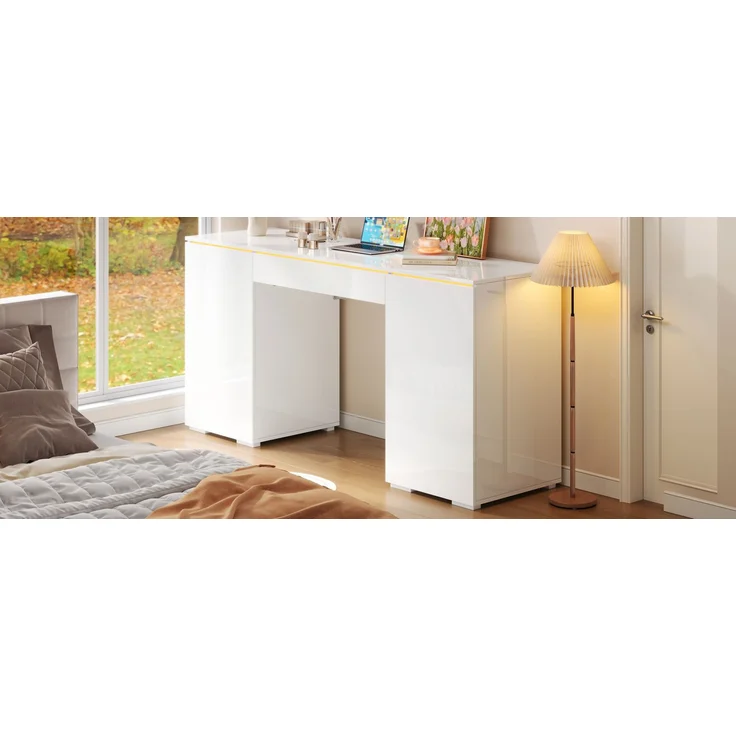 ZUBALIYA 140x50cm großer Schreibtisch in Hochglanz, mit LED-Beleuchtung, 1 Schublade und 2 Türen, moderner Computertisch mit extra großer Arbeitsfläche, Schminktisch mit Stauraum, in Weiß-Hochglanz – Bild 18