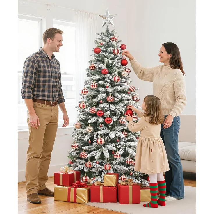 Yorbay Künstlicher Weihnachtsbaum Künstlicher Slim Tannenbaum aus PE und PVC, mit LED Beleuchtung, 180 / 210 cm auswählbar, mit Ständer, Schneeflocken, Schlankes Design, Weihnachtsbaum Christbaum für Weihnachten-Dekoration – Bild 9