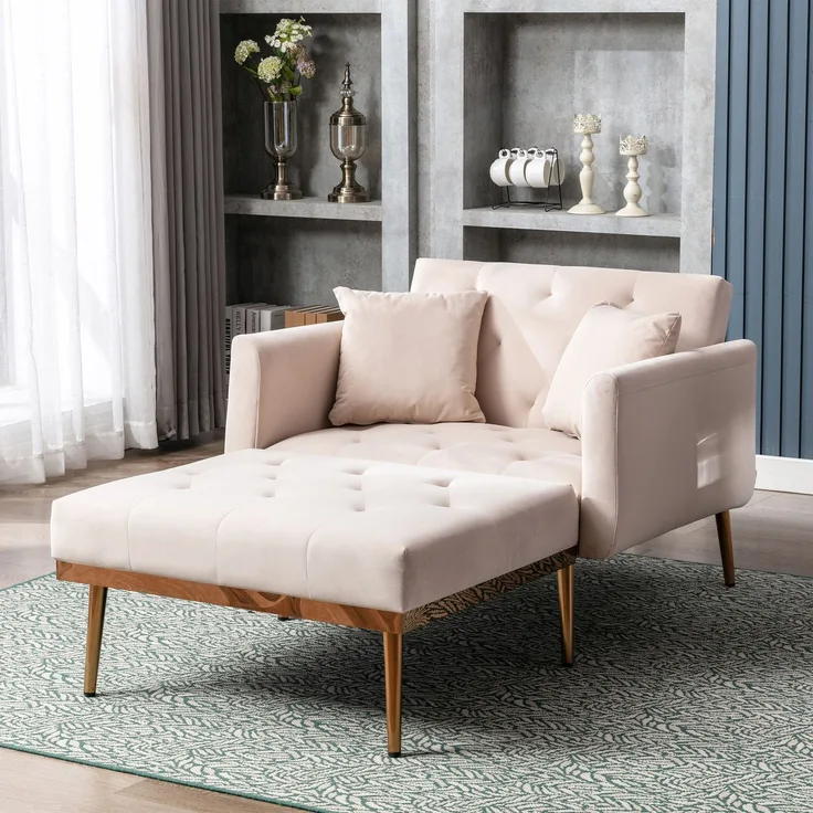 Relaxsessel mit verstellbarer Rückenlehne,3-stufig klappbarer Ruhesessel aus Plüschstoff mit 2 Kissen,Beige