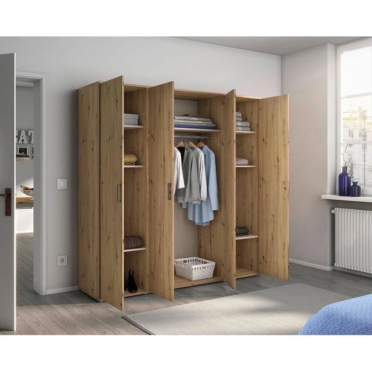 Rauch Möbel Voyager Schrank Kleiderschrank Drehtürenschrank, Eiche Artisan, 4-türig, inkl. 1 Kleiderstange, 7 Einlegeböden BxHxT 187x194x53 cm – Bild 4