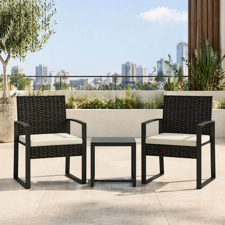 Gartenstuhl-Set mit Beistelltisch, 40x40x40 cm, Creme-Grau, Polyrattan und Stahl, 3-teilig