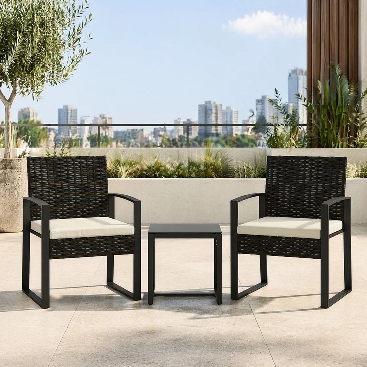 Gartenstuhl-Set mit Beistelltisch, 40x40x40 cm, Creme-Grau, Polyrattan und Stahl, 3-teilig – Bild 1