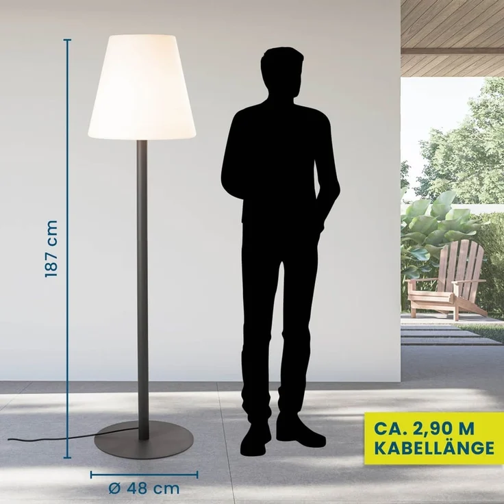 Hoberg XXL-Stehlampe für In- & Outdoor | 1,87 M große Lampe mit 3 einstellbaren Lichtintensitäten | Stimmungsvolle Standleuchte im zeitlos-modernen Design | IP-44 Wasser geschützt [schwarz, weiß] – Bild 6