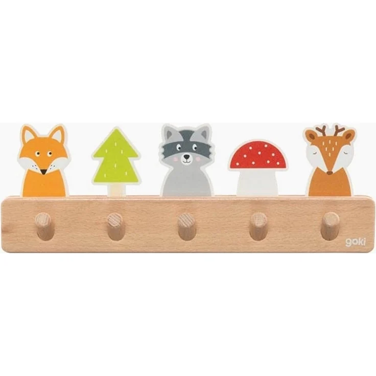 goki 60662 - Garderobe Waldfreunde aus Holz, Kindergarderobe mit 5 Haken, Niedliche Waldmotive Fuchs, Waschbär, Reh, Hakenleiste für Kinderzimmer, Fördert Ordnung und Selbstständigkeit, ab 1 Jahr – Bild 1