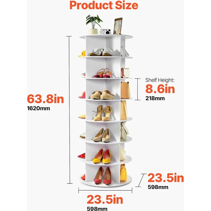 VEVOR Schuhregal Schuhschrank für 28 Paar Schuhe (7-stöckig) 360° drehbar, platzsparende Schuhaufbewahrung, Schuhablage für Schlafzimmer Wohnzimmer Eingangsbereich, Weiß 598 x 598 x 1620 mm – Bild 3