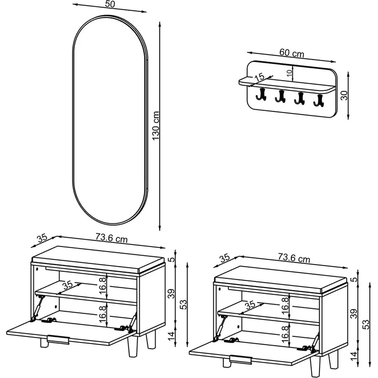 Roomart NORD Garderobenset 4-teilig – 2 Sitzbänke mit Schuhklappe, Wandgarderobe & ovaler Spiegel – Flurgarderobe – H 53 x B 73.6 x T 35 cm (Sitzbank) • Weiß – Bild 6