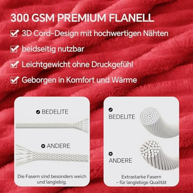 BEDELITE Kuscheldecke Flauschig Decke 150x200 - weiche XL Flanell Decken Rot für Couch, Deko Streifen Cord Fleecedecke als Couch Überwurf für Wohnzimmer, Twin Blanket Wide Use – Bild 5