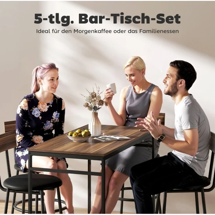 Bartisch-Set aus Holz, 5-teilig mit 4 gepolsterten Hockern, 110x55x90 cm, Braun – Bild 7