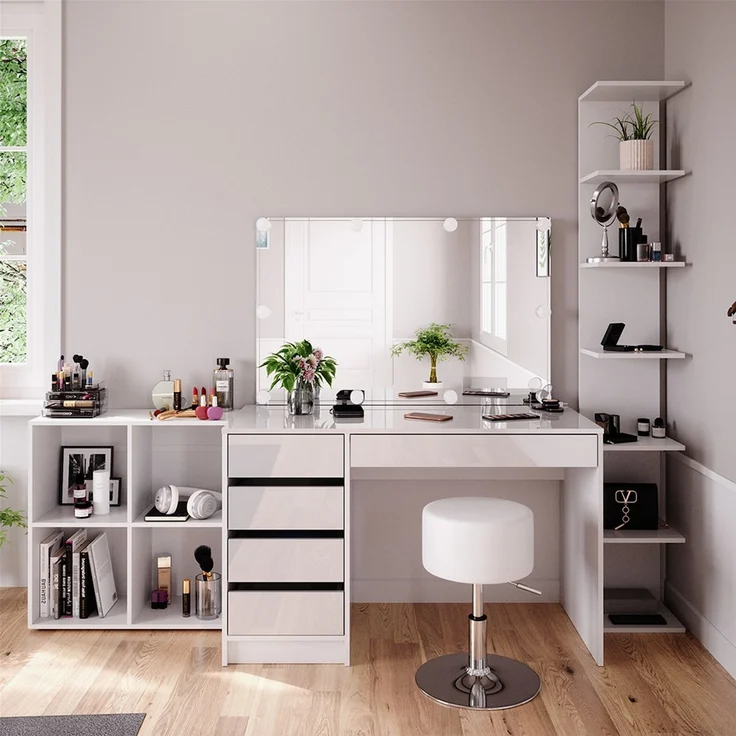 Schminktisch Sherry Weiß 5 Teile, mit Aufbewahrungsregal, Standregal, Spiegel, Hocker, LED Vicco – Bild 4