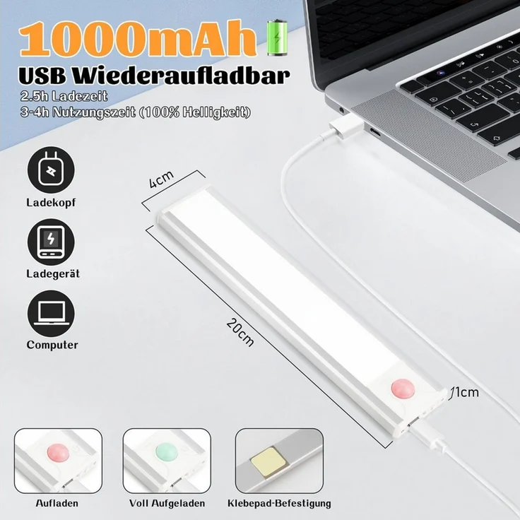 Nettlife LED Unterbauleuchte Bewegungsmelder dimmbar 20/30/40 cm wählbar USB Schrankbeleuchtung, LED fest integriert, 3 Farbtemperatur Aufladbar Schrankleuchte für Flur Cabinet – Bild 3