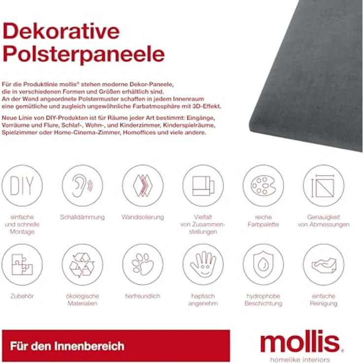 MOLLIS Polsterplatte, Rechteckiges und Dekoratives Wandpaneel, Geeignet als Bettkopfteil oder Aufprallschutz, Reduziert Schall und Verbessert Akustik, aus Schaumstoff, 60x15 cm, Anthrazit – Bild 7