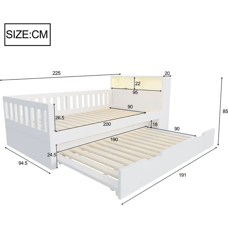 Merax Einzelbett, Multifunktionales Holzbett 90 × 200 cm, Mit Ausziehbarem Bett, Ablage und Staufach, Ausgestattet Mit Steckdose und LED-Beleuchtung, Sicherheitsgitter, Weiß – Bild 4