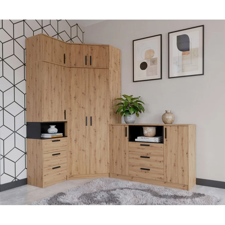 Marmex Möbel Grant Set-36A Komplett-Möbelset mit Eckschrank & Sideboard, laminierte Spanplatte, artisan Eiche + schwarz, 228/143x235x40 cm – Bild 1
