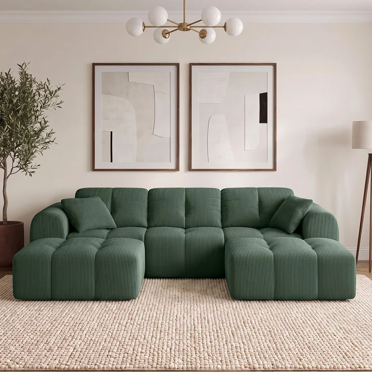 skølm 'Vanaheim' Sofa 3 Sitzer mit 2 Hocker & 2 Kissen, Cloud Sofa dunkelgrün, Cord, Vollschaumcouch mit Federkern und Vakuum-Kompression, kein Aufbau erforderlich – Bild 1