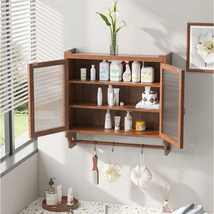 DESVIAE Vitrine zur Wandmontage mit Glastüren, 63x60x18 cm, Massivholz, MDF und Glas, Braun – Bild 3