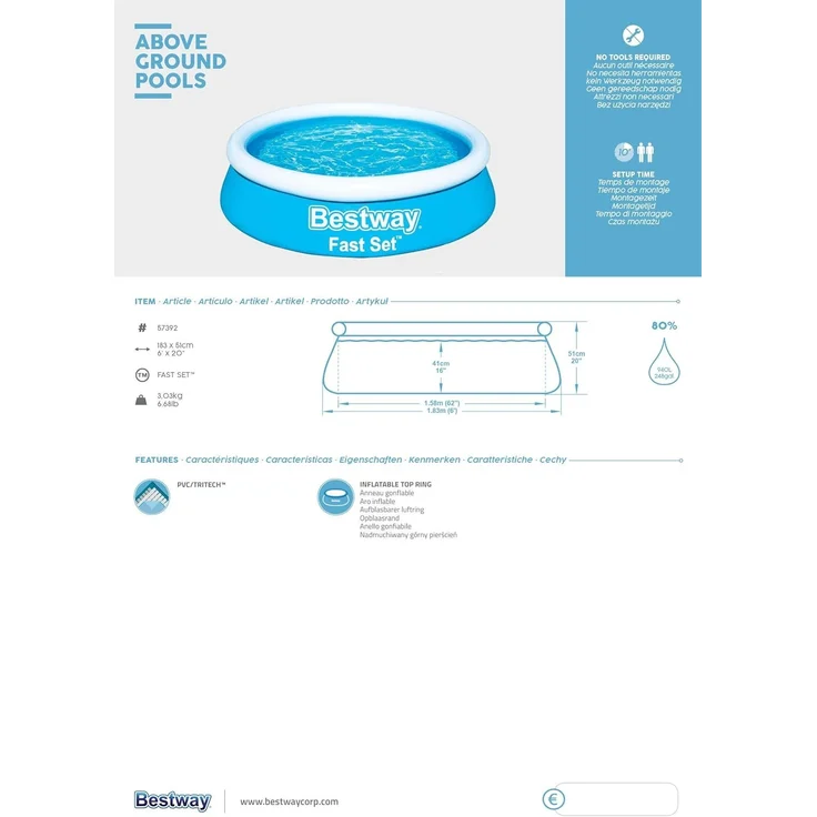 Bestway Fast Set Aufblasbarer Pool Rund 183x51 cm Blau 92844 – Bild 8
