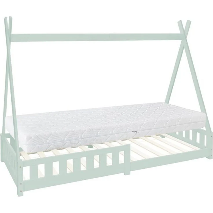 ML-DESIGN Spielbett Hausbett Tipi Zeltbett inkl. Lattenrost Bodenbett Kinder Himmelbett, Abenteuerbett mit Rausfallschutz Zelt Bett Kiefer Mint Kinderhaus – Bild 4