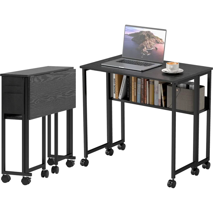 MELAYR, Klappbarer Schreibtisch auf Rollen, 80 x 50 cm, mit Ablage und Aufbewahrungstasche, Schwarz – Bild 2