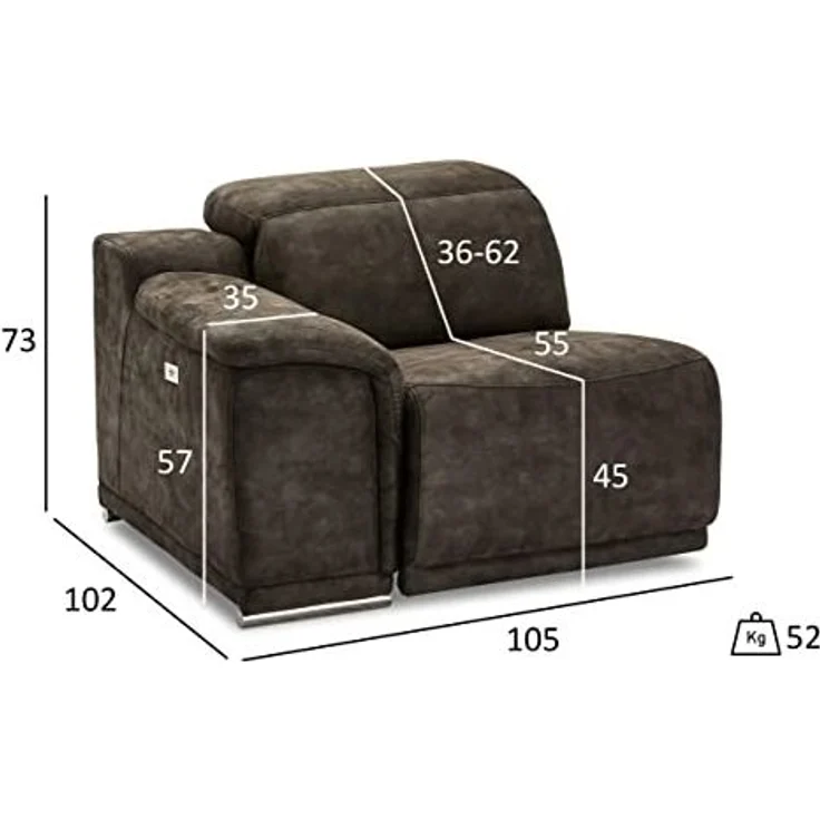 Ibbe Design Modul Sofa Braun Stoff 1 Sitzer mit Armlehne Rechts Elektrisch Verstellbar Relaxfunktion mit mit verstellbare Kopfstütze Alexa, 105 x 102 x 73 cm – Bild 2