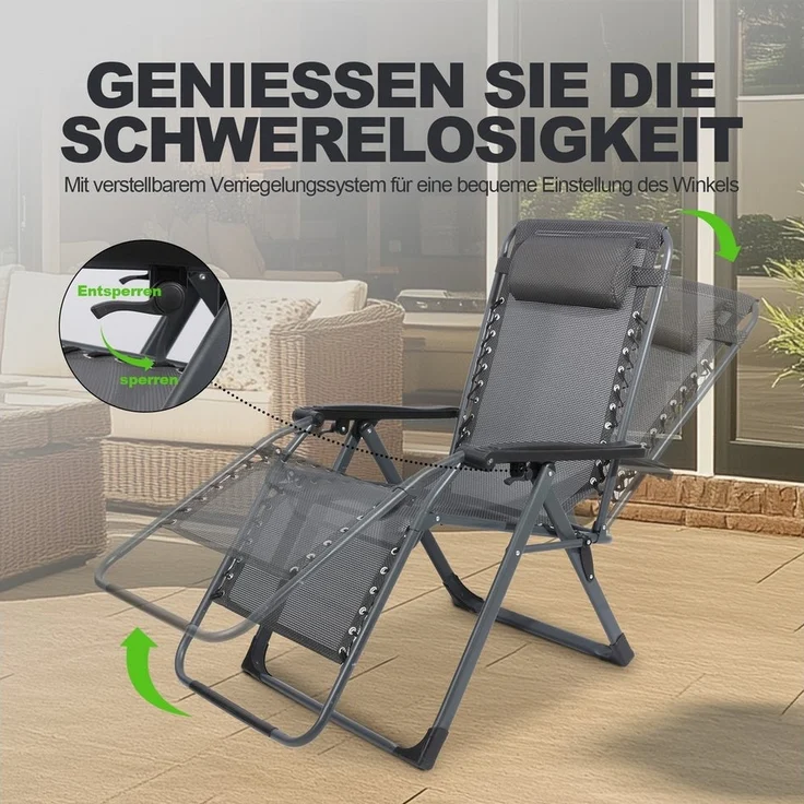 HOMECALL Gartenliege Sonnenliege Klappbar, Liegestuhl mit Weiches Kissen, XXL Extra breiter Zero Gravity Stuhl, 2 St, bis 180 KG, für Garten Terrasse Balkon – Bild 3