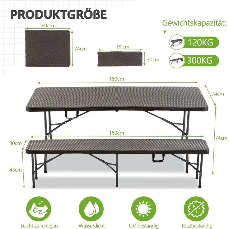 6ft Klappbarer Picknicktisch mit 2 Bänken, 3-teiliges Camping Set, HDPE Tischplatte mit Baummuster, Sicherheitsverriegelung, UV- & wasserbeständig, Braun – Bild 2