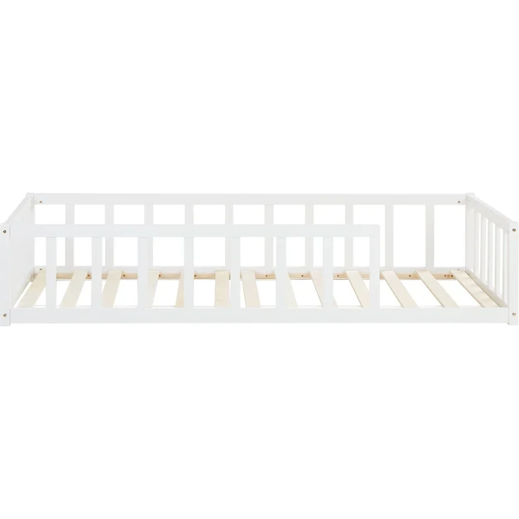 Kinderbett 90x200 Bodenbett mit Rausfallschutz Montessori Bett Kleinkindbett Holz Massiv Weiß Einzelbett Lattenrost Bettgestell – Bild 5