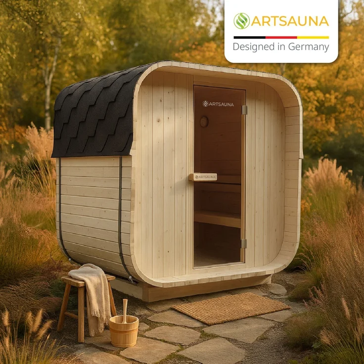 Artsauna Fasssauna Nolvik M, Outdoor-Sauna aus Fichtenholz, 3,6 kW Ofen, LED, Komplettset mit Sanduhr, Eimer & Thermometer, winterfest, Cube Design – Bild 7