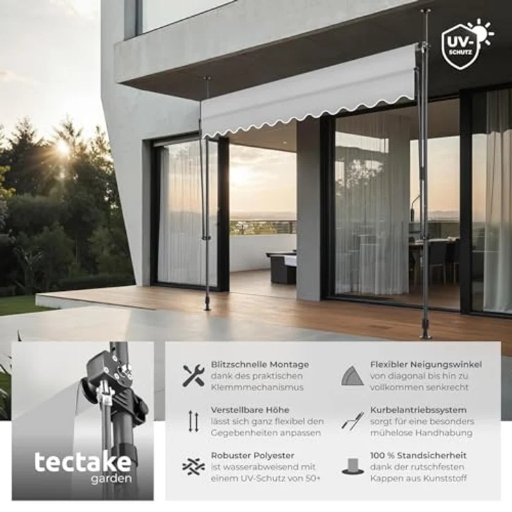 tectake® Klemmmarkise mit Handkurbel, Balkon Markise ohne Bohren, Markise höhenverstellbar, UV-beständig, wasserabweisend, Terrassenüberdachung, Sonnenschutz Terrasse & Balkon, Breite 300 cm -hellgrau – Bild 3