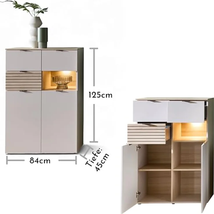 Stella Trading INA Highboard in Kaschmir, Riva Eiche Optik FSC-Zertifiziert - Moderner Wohnzimmerschrank mit Schubladen und LED-Beleuchtung - 84 x 125 x 45 cm (B/H/T) – Bild 5
