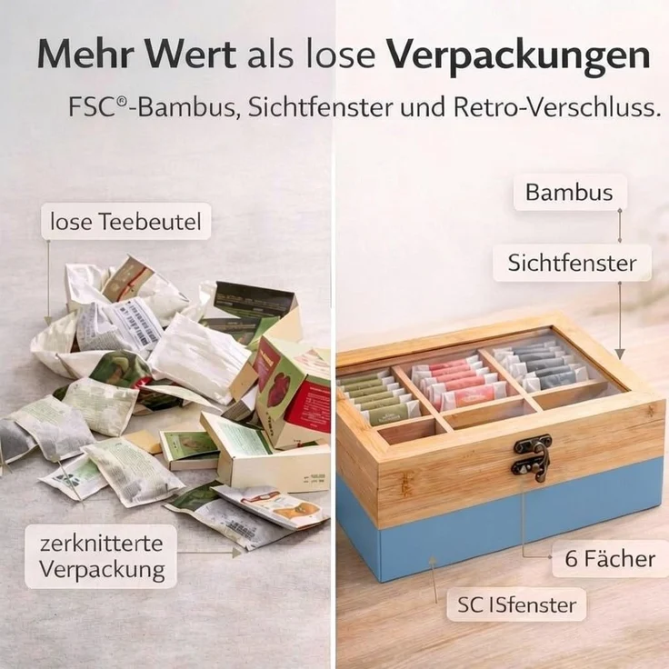 NEUSTANLO | Tee Box mit Sichtfenster | 6 Fächer Teebox aus FSC Bambus | Aufbewahrungsbox 21,5x15x8,5 cm | Teebeutel Organizer mit Retro Verschluss | Blau Natur – Bild 4