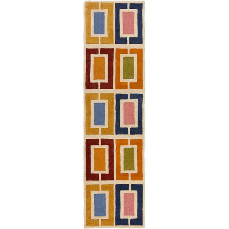 XXXLutz Wollteppich Retro Blocks, Mehrfarbig, rechteckig 60x230 cm, Handmade in India, AZO-frei, für Fußbodenheizung geeignet