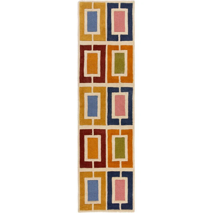 XXXLutz Wollteppich Retro Blocks, Mehrfarbig, rechteckig 60x230 cm, Handmade in India, AZO-frei, für Fußbodenheizung geeignet