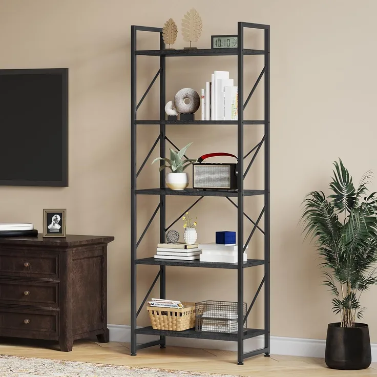 YITAHOME Bücherregal mit 5 Ebenen Standregal Lagerregal Büroregal CD Regal/Stabiler Stahlrahmen, Holzplatte/Modern Retro-Industriestil für Wohnzimmer, Schlafzimmer, Büro - Schwarz