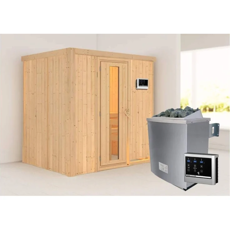 Karibu Sauna Bodin + 9kW Saunaofen mit ext. Steuerung Easy Klarglas Ganzglastür – Bild 1