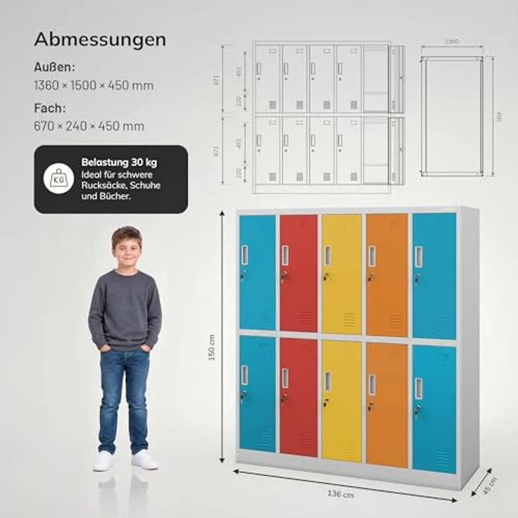 Jan Nowak Schließfachschrank Metall 10 Fächer Schulschrank 150x136x45 cm | Wertfachschrank, Garderobenschrank, Stahlspind abschließbar, pulverbeschichtet, für Schule, Kindergarten, Umkleide – Bild 3