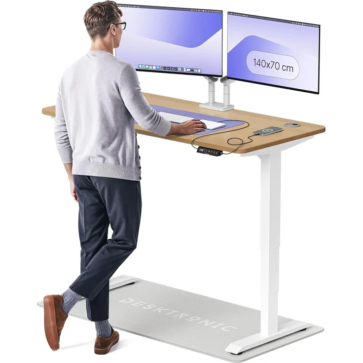Desktronic Höhenverstellbarer Schreibtisch aus massivem Eichenholz (140x70 cm) – Elektrisch höhenverstellbar mit flüsterleisem Dual-Motor & Touchscreen – Hohe Tragfähigkeit – Stehtisch HomePro – Bild 1