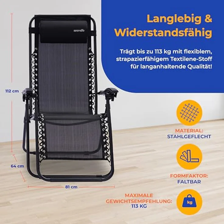 SereneLife Liegestuhl, Gartenliege Klappbar, Strandliege, Sonnenstuhl als Gartenbett mit atmungsaktivem Textil, Verstellbar zum Liegen für Garten & Camping mit Seitentisch, Kopfkissen & Getränkehalter – Bild 3