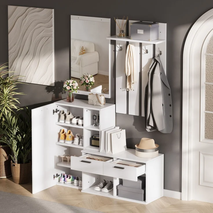 Garderobe im Flur,Garderobenständer für den Eingangsbereich, inklusive Schuhschrank, Spiegel und Kleiderhaken, Kompaktgarderobe mit 2 Schubladen,für Flur Eingangsbereich, Weiß,120x35x175.5cm--Weiß--120x35x175.5cm--YOUDENOVA – Bild 3