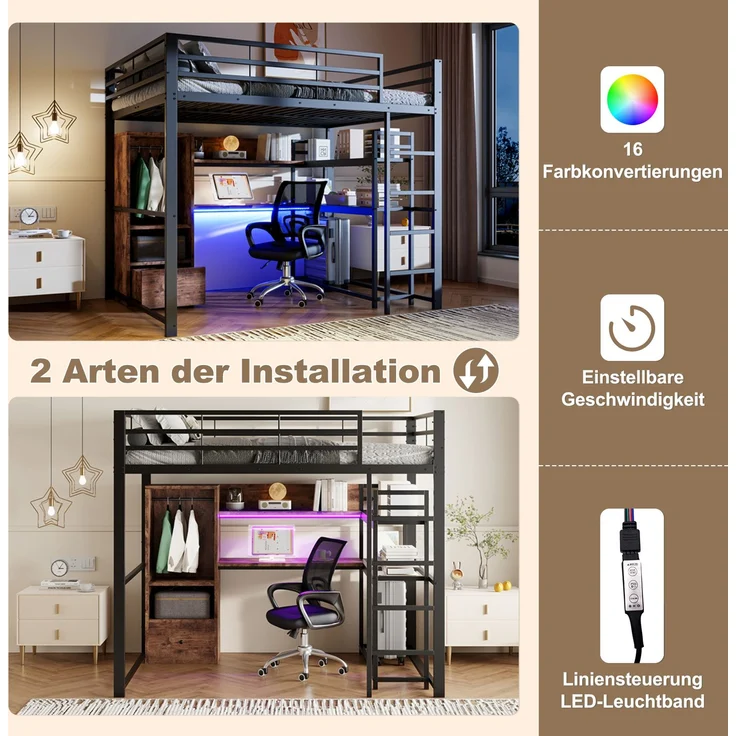 Hochbett, 140x200 cm , Metallbett, Mit LED-Leuchten, Schreibtisch, 1 Schubladen, Regale, Geländer, Treppe, ohne Matratze, Schwarz – Bild 4