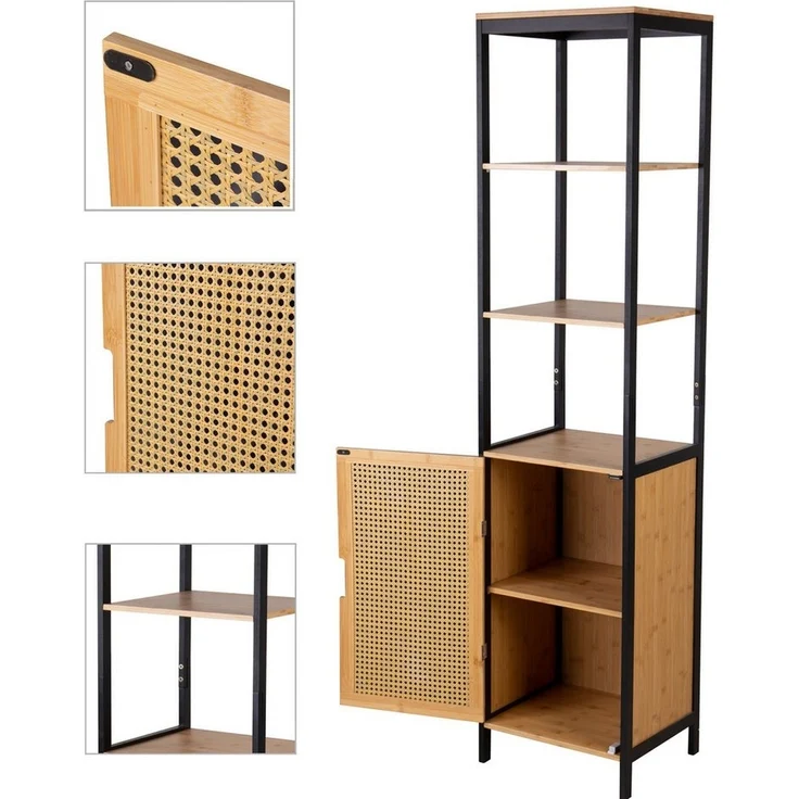 Natsen Hochschrank Bambus Badezimmerschrank mit 3 offene Fächer& 2 Ablagen,40x35x170cm – Bild 3