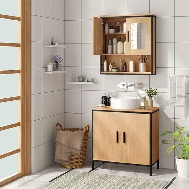 EUGAD Badmöbel-Set, (2-St), Unterschrank mit Tür und 2 offenen Ablagen, Badschrank mit 2 Spiegeln – Bild 2