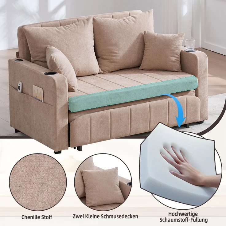 Wohnora-Multifunktionales Stoffsofa, ausziehbares Klappsofa, als Sofa oder Bett nutzbar, mit Aufbewahrungstaschen an den Armlehnen, mit USB-Ladefunktion und Getränkehaltern (khaki, Chenille),H 83cm x T 139cm x B 73cm,khaki – Bild 2